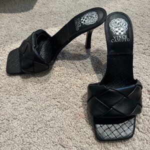 Vince Camuto Black Woven Leather Stiletto Mules